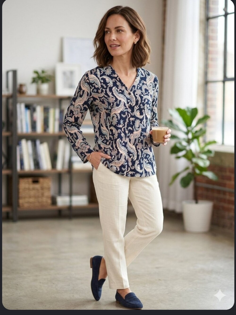 Petite Sophisticate Navy and Cream Paisley V-Neck Blouse Size LG